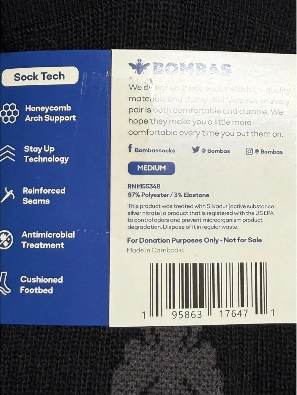 Bombas Lot of 4 (four) Pairs Crew Calf Socks in Black Adult Unisex Size M NEW #3